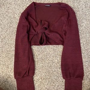 Burgundy Front Tie Cropped Sweater